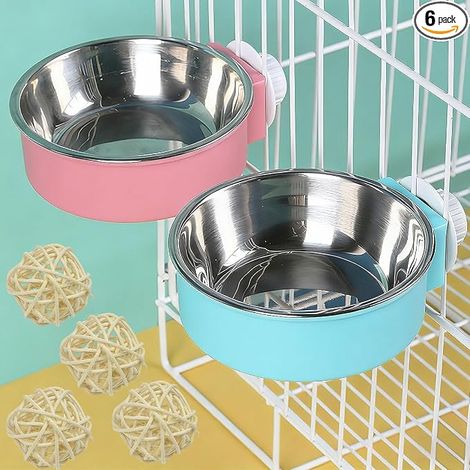 Hanging Cage Feeder with Wicker Balls, Stainless Steel Hanging Bowls for Hamsters, Guinea Pigs and Small Animals (1/5)