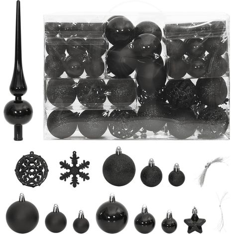 111 Boules de Noël Couleur Noir + étoiles + flèche pour sapin de Noël (1/3)