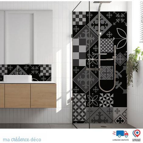 Panneau de douche : Carreaux ciment patchwork 3 - Couleur noir - Alu composite - 90 - 245 (1/3)