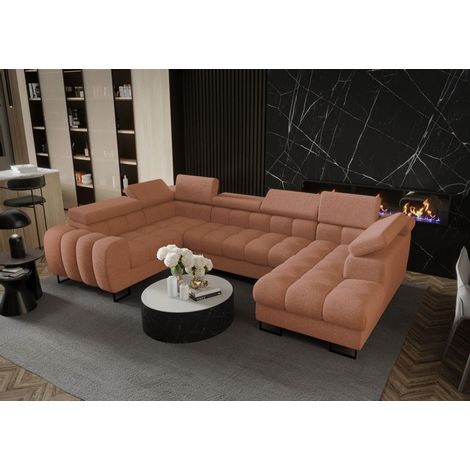 Wohnlandschaft Schlafsofa BASTIEN in Stoff Aragon Orange Ottomane Rechts
