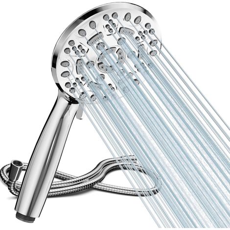 Pommeau de douche avec flexible – Économie d'eau – 8 jets – Grande douche effet pluie – Augmente la pression de l'eau – Chrome (1/5)