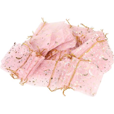 100pcs Sacs Organza Étoile Lune avec Cordon de Serrage Transparent Rose Mignon - Pochette Cadeau pour Fête Noël Festival (1/5)