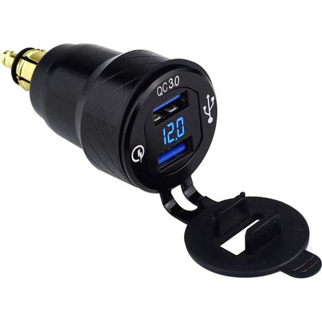 Adaptador de carga rápida 3.0 DIN Powerlet macho a doble puerto USB con voltímetro, azul (1/5)