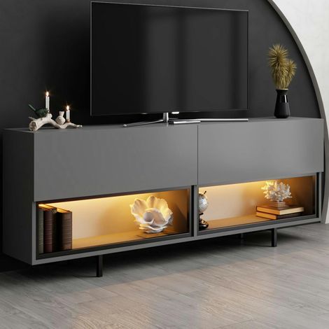 Meuble TV gris foncé 2 portes 2 niches LED à télécommande AURA (1/5)
