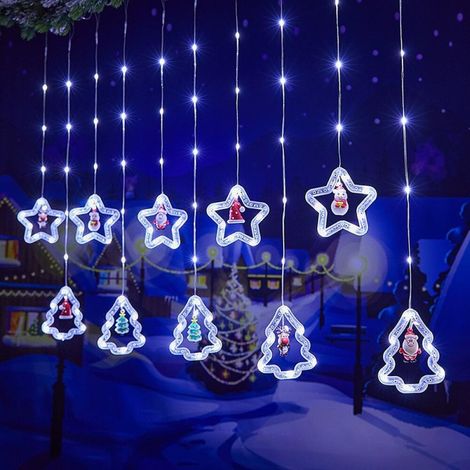 Rideau Lumineux Noël 3m Guirlande Rideau Lumineux Fenêtre Intérieur USB Blanc Froid 10 Anneaux avec Figurine Noël 3D Lumières Décoration Chambre Maison Fête