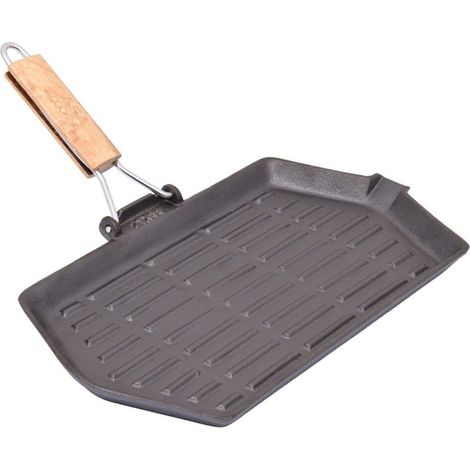 Bistecchiera in Ghisa Antiaderente 35x21cm griglia con Manico in Legno piastra Beccuccio Scolo Grassi rettangolare Induzione Gas ceramica Cucina Sana per arrostire pesce carne verdura barbecue in casa