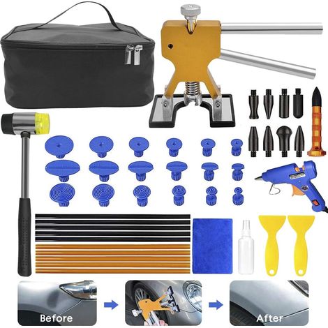 Outil Débosselage sans Peinture,41PCS Kit Débosselage Carrosserie avec Pistolet à Colle Marteau, Stylo de réparation pour Voiture,Réfrigérateur,Moto Corps,Porte (Golden+Hammer) (1/5)