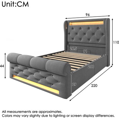 Lit simple moderne capitonné 90x200cm, lit capitonné avec lumières LED, tête de lit de rangement avec ports USB et Type-C, lit coffre hydraulique, gris, velours (avec matelas) (1/5)