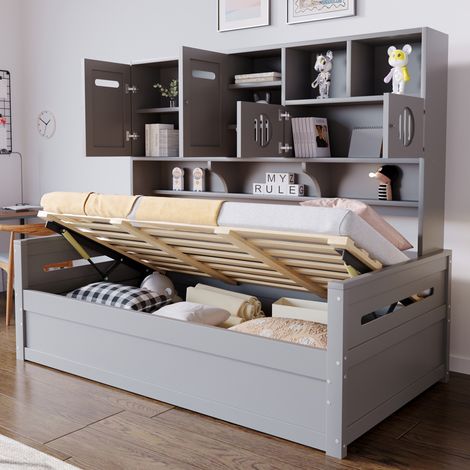 Lit coffre 90x200 cm avec rangements et tête de lit, en bois, gris, sans matelas (1/5)