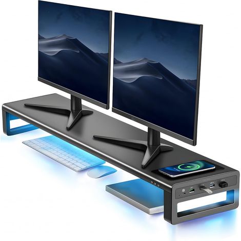 Vardeer Dual-Monitor-Ständer (Schwarz) — Aluminiumlegierung — Unterstützt kabelloses Laden und 4-Port-USB-3.0-Hub — Geeignet für Desktop-PCs oder Laptops — Unterstützt bis zu zwei Monitore (max. 32 Zo (1/5)