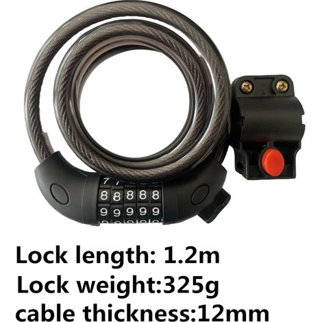 Antivol de vélo à code 5 chiffres, câble en acier, 1200 mm x 12 mm. Accessoires de sécurité pour vélo. (1/5)