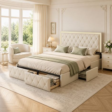Lit double 140 x 200 avec tête de lit réglable - Lit adulte 140 x 200 - Cuir PU imperméable - Beige - 4 tiroirs sous le lit - Sommier à lattes (1/5)