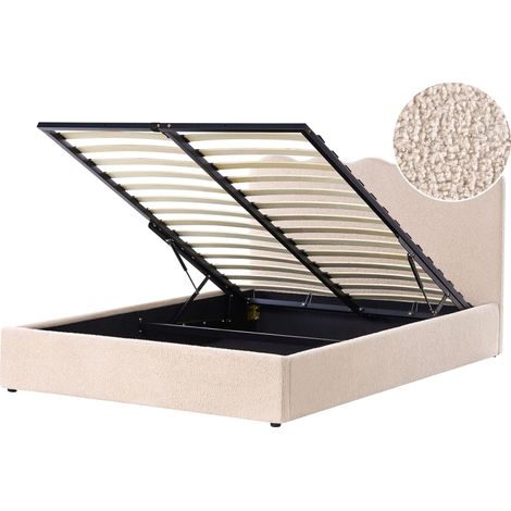 Lit avec Rangement en Bouclé 160 x 200 cm Relevable avec Tête de Lit Sommier à Lattes Beige Nanterre