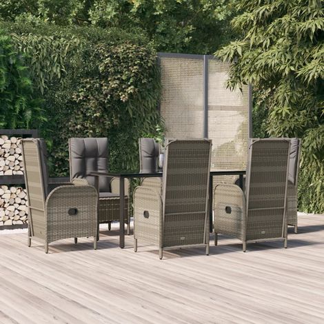 7-tlg. Garten-Essgruppe mit Kissen Schwarz und Grau Poly Rattan
