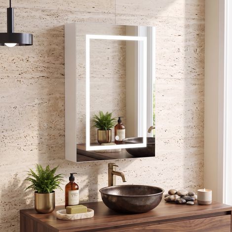 JOOKGBD-Spiegelschrank Bad 70x12.5x50 cm mit LED Beleuchtung,Badschrank,Badezimmerschrank mit verstellbarer Ablage, HD-Spiegel,Badspiegel Hängeschrank, 3 Lichtfarbe Einstellbare,Holz,Weiß (1/5)