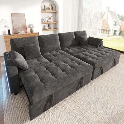 Canapé d’angle convertible 4 places 262,5x140x89 cm, 2 couchages gigognes indépendants, dossier réglable 3 positions, LED, USB/Type-C, chenille Gris (1/5)