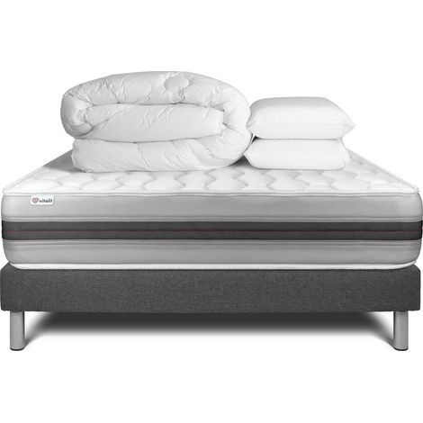 Komplettpaket Bett - Matratze 180x200 cm + Boxspringbett mit Lattenrost (im Set) + 2 Kopfkissen + Bettdecke - Vitalspring Recover