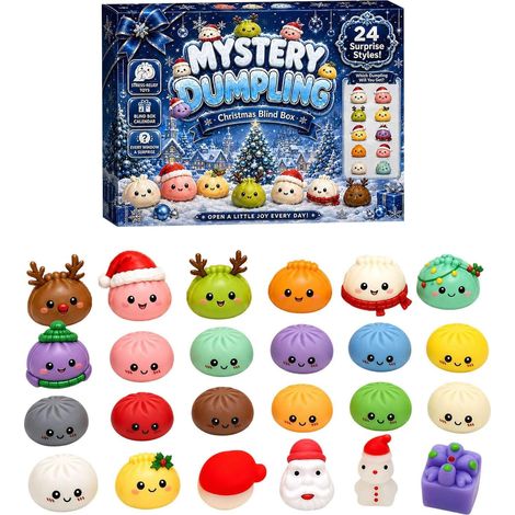 Calendrier de l'Avent de Noël contenant 24 décorations « squishy » en forme de raviolis de Noël — un cadeau idéal pour les enfants avant les fêtes.