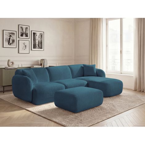 BOBOCHIC - Canapé d'angle fixe modulable ANDA tissu chenille avec pouf Angle droit Bleu clair (1/5)