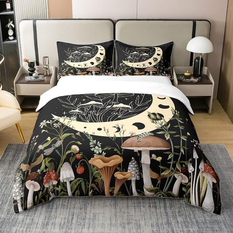 Belle décoration de Champignons 100% Coton Housse de Couette 200x200cm Parure de lit Coton Ensemble Housse de Couette Champignons de Dessin animé Parure de lit - 200 x 200 cm + 2 taies d'oreiller 65 x (1/5)