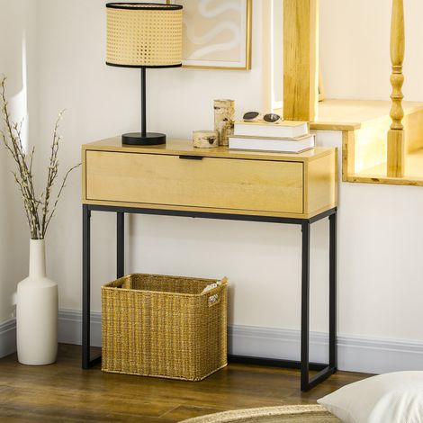 Mesa Consola con Cajón Consola Auxiliar Moderna Mesa de Entrada con Patas de Acero para Pasillo Salón 80x30x76cm Natural (1/5)
