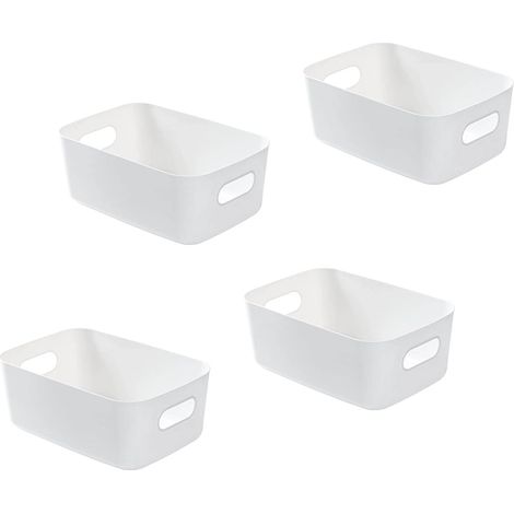 Juego de 4 cestas de almacenamiento de plástico blanco, cestas de plástico con asas para armarios apilables, cocina, dormitorio, baño, oficina, 19x13,5x7,5cm (blanco)
