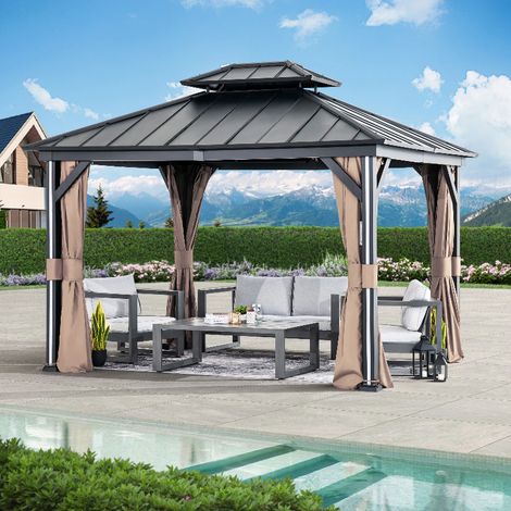 Gazebo Pavillon de Jardin en Aluminium à Toit Rigide 3 x 3.7 m - Toit rigide à 2 étages - Résistante aux intempéries et UV - Pavillon avec LED intégrées - Modern Shade
 galvanisé à chaud (1/5)