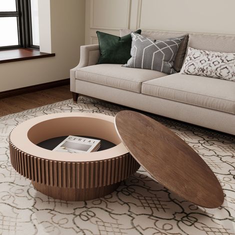 Table de café ronde, de 75 cm de diamètre. Fabriquée en bois massif avec finition en bois véritable. Table moderne, parfaite pour la salle à manger, le salon, les chambres,Matériau utilisé : noyer. (1/5)