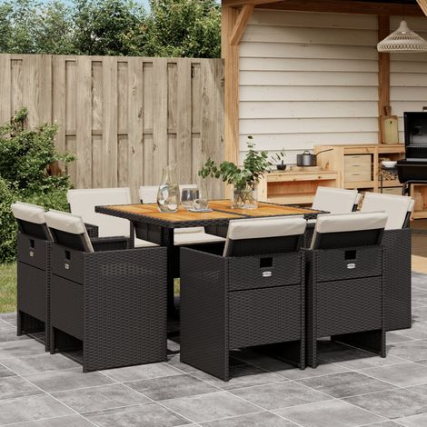 vidaXL 9-tlg. Garten-Essgruppe mit Kissen Schwarz Poly Rattan (1/5)