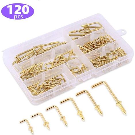 120 pcs 6 tailles crochet a visser en métal Laiton plaqué or carré Bend Crochets kit, Doré carré Bend Crochets Vis à tôle Crochets pour Home/lieu de travail/bureau (1/4)