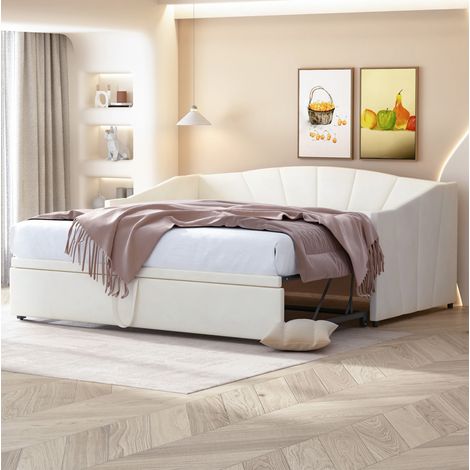 Schlafsofa Samt Beige 90x200/180x200 cm, ausziehbar, mit Lattenrost und gepolsterter Rückenlehne (1/5)