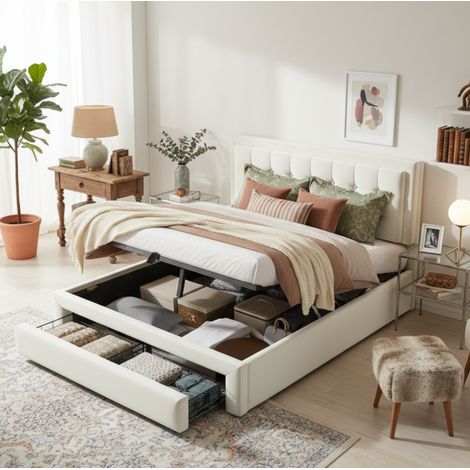 Cama 140x190 cm de terciopelo beige con almacenaje, para orden diario, sin colchón – MEUBLIV (1/5)