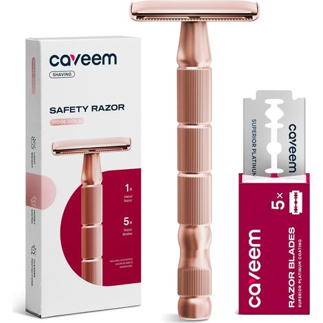 Rasoir de Sûreté à Double Tranchant pour Femme et Homme, Or Rose Kit de Départ avec 5 Lames de Rechange, Poignée Texturée, Changement de Lame Facile, Design Lavable, Compact pour Voyage (1/5)