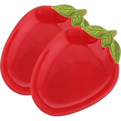Set di 2 piatti da portata in ceramica a forma di fragola, robusti e di un vivace colore rosso fragola, versatili per dessert e salse, adatti all'uso domestico. (1/5)