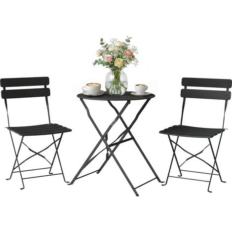 Ensemble bistrot de jardin - 3 pièces - table et 2 chaises pliantes à lattes san montage - métal -42x48x80cm - noir