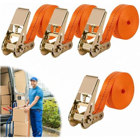 4 Pièces Sangles Darrimage à cliquet 5M de Jeu Sangle a Cliquet Sangle Darrimage avec Tendeur Longueur, Largueur 25 mm Sangles de Serrage,Convient aux Motos,Voitures,Remorques