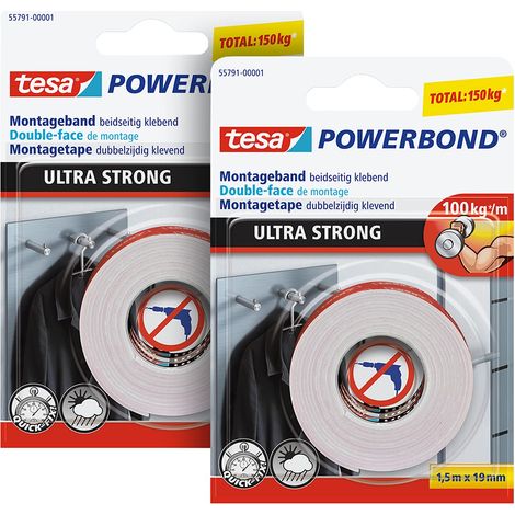 tesa Powerbond ULTRA STRONG in confezione da 2 - Nastro biadesivo extra forte per il montaggio permanente in interni ed esterni - 1,5 m (1/5)