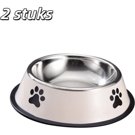 Lot de 2 gamelles pour animaux en acier inoxydable avec motif empreinte de patte et base antidérapante diamètre 22 cm pour chiens et chats couleur blanche (1/5)