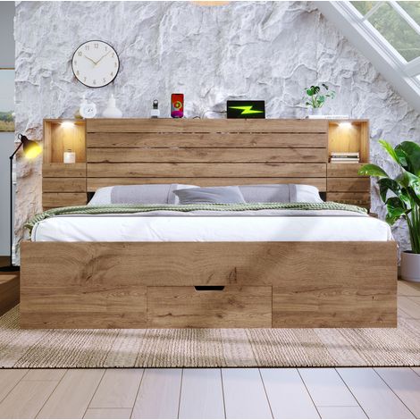 Cama dormitorio 160x200 con LED y USB C roble OKMYHOME (1/5)