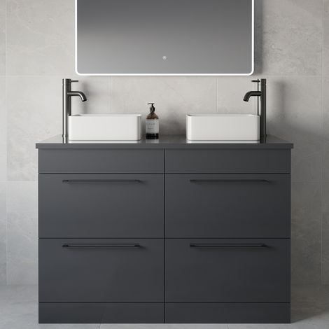 Napoli 460 Gloss Grey 1200mm 4 Drawer Vanity Unit for Countertop Basins - 1200mm - Gunmetal Grey 320mm Handle