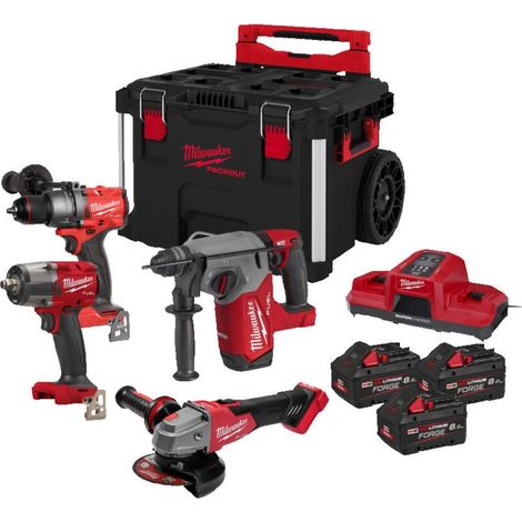 Kit M18 Trapano con Percussione + Tassellatore + Smerigliatrice + Avvitatore Ad Impulsi ½" Milwaukee M18 FPP4HF-803P in Packout (1/5)