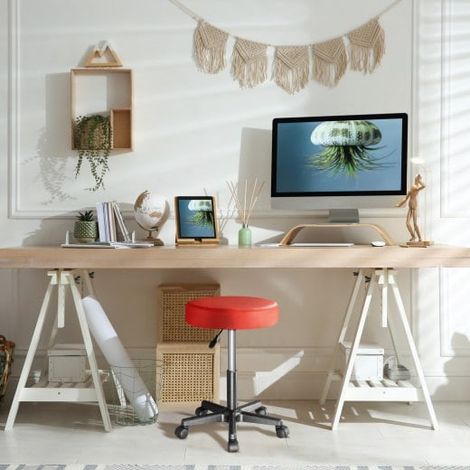 Tabouret de bureau à roulettes assise 35 cm rouge avec dossier pivot à 360° (1/5)