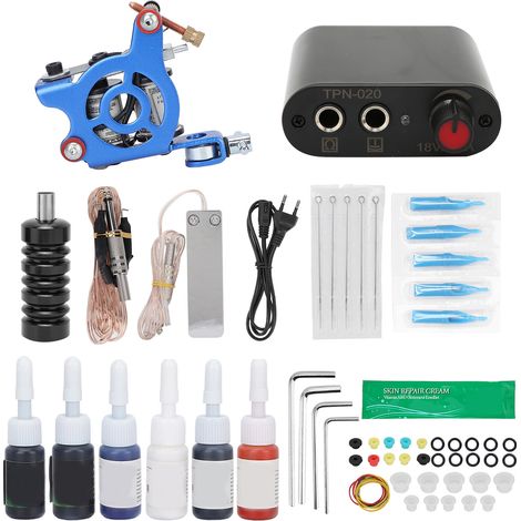 Kit de tatouage professionnel complet avec machine à tatouer à bobines, 6 encres, aiguilles à œillets pour débutant, prise UE 90-265V (1/5)