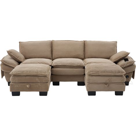 Sofá modular de 3 plazas en tejido de pana con 2 pufs, USB-C, bolsillos laterales y color caqui (1/5)