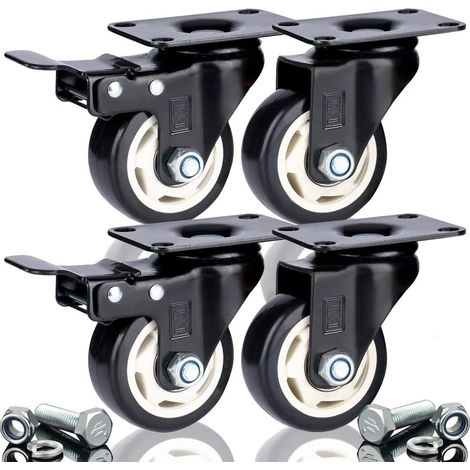 Roulettes DSL 4 x 75 mm en polyuréthane haute résistance à double roulement, avec 2 roulettes pivotantes en caoutchouc et frein, pour chariots et meubles, charge maximale 400 kg, montage inclus.
