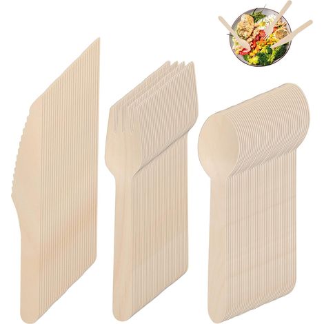 150 Pièces Couverts en Bois, Couverts Jetables Bois avec 50 Couteaux 50 Fourchettes 50 Cuillères, Biodégradables pour Fête, Camping, Pique Nique (1/5)