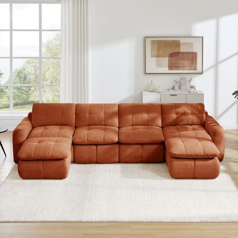 Divano modulare a U 4 posti, 334 x 160 x 68 cm, ciniglia arancione, senza montaggio, HAVRYA (1/5)