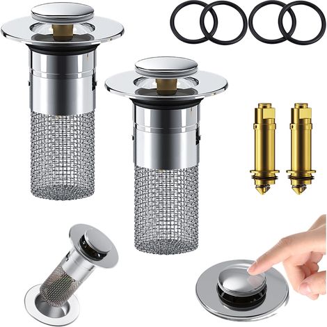 Bathroom Sink Stopper - Pop Up Drain Strainer with Removable Stainless Steel Filter Basket - Brass Core - For Washbasin and Shower Tub - 2 Pieces (1/5)