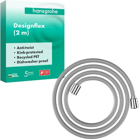 Designflex - Flexible de douche textile universel 2,00 m, tuyau de douche avec protection anti-pliure et écrou tournant anti-torsion, avec joints d'étanchéité, Chromé (1/5)