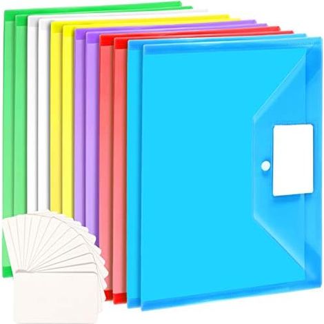 Plastic Wallets A4, 12 Pack A4 Folders 6 Colours, Document Wallets Folders with Pocket, Document Folder with Snap Button and 20 White Label Cards, File Folder for School Home Work Office Travel